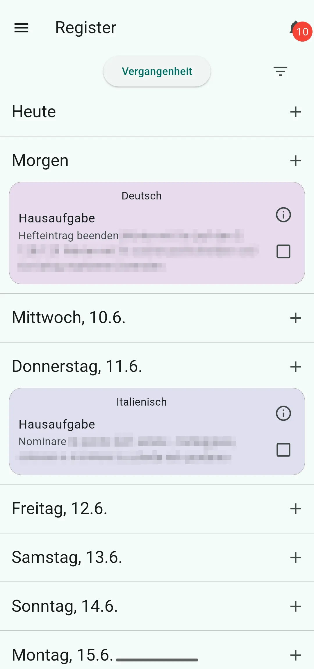 Merkheft mit Hausaufgaben nach Datum sortiert