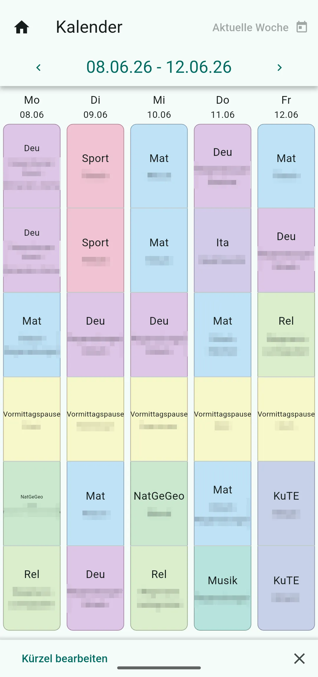 Wochenstundenplan mit farblich kodierten Fächern
